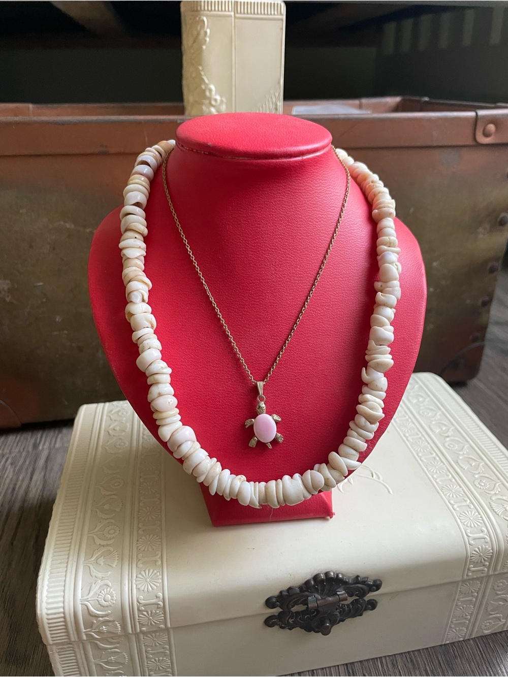 Gold Turtle Pendant Necklace with Pink Stone and White Shell Beaded Necklace